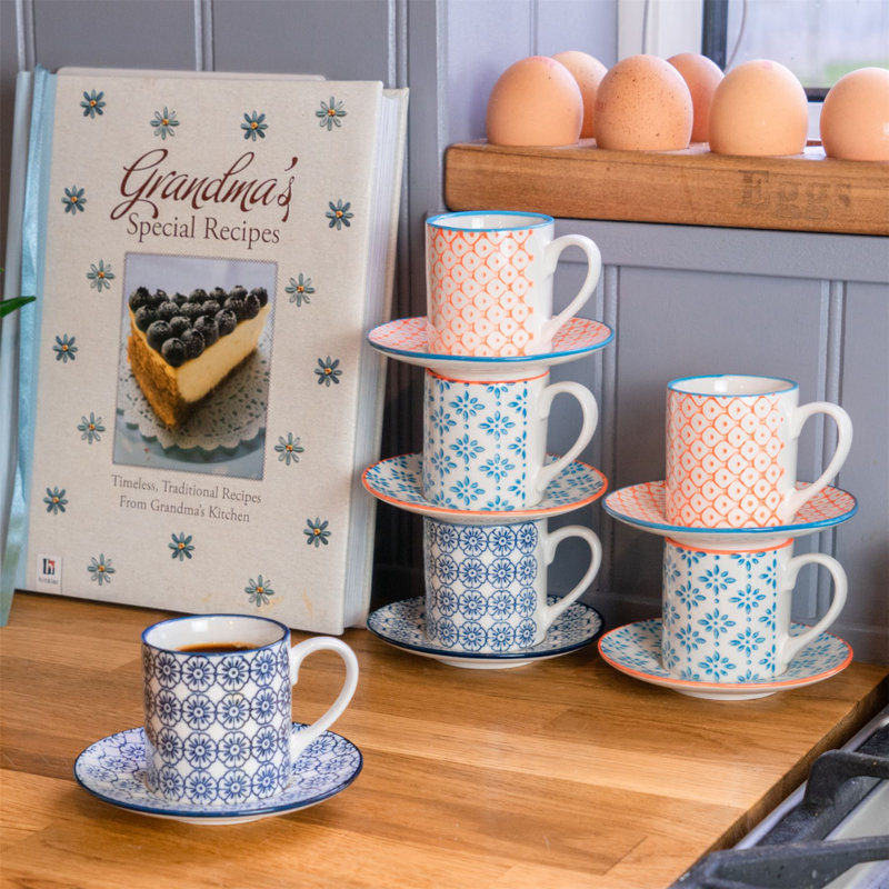Nicola Spring - Hand-Printed Espresso Cup & Saucer Set - 65ml - Navy, 1