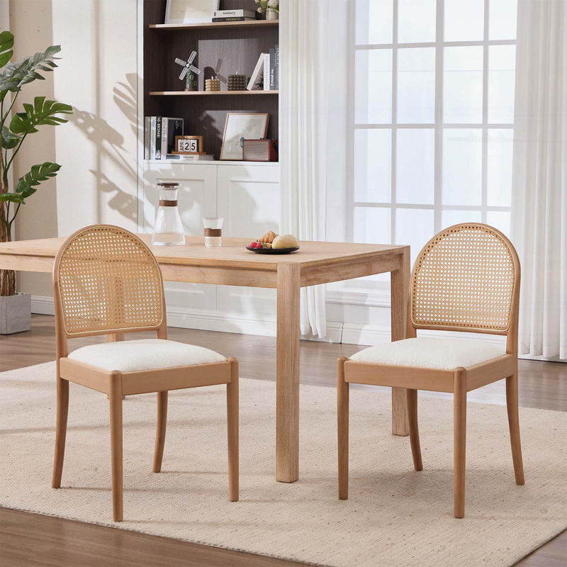Ensemble de 2 chaises d'appoint en rotin, avec dossiers et pieds en bois, Blanc, Naturel