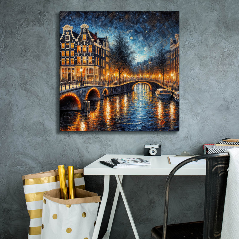 «Amsterdam Canals At Night» par Rey Klimt, art mural sur toile, H 26 po x l 26 po