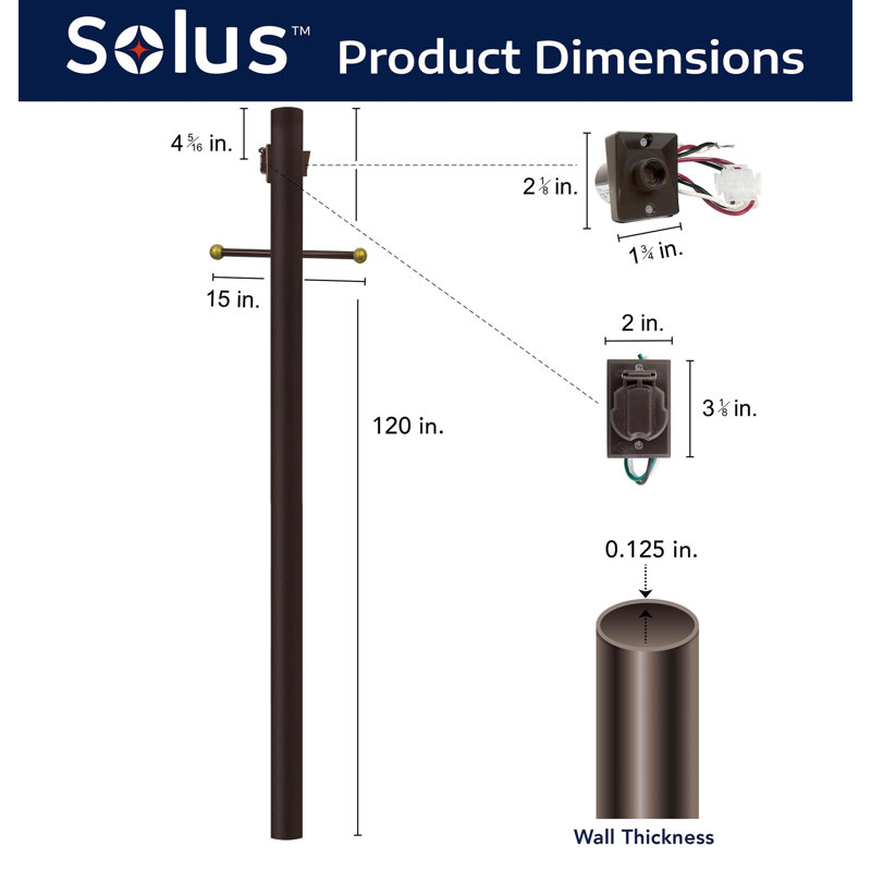Solus 7, 8, or 10 ft. Direct Burial Lamp Post with Decorative Cross Arm, Convenience Outlet, and Dusk-to-Dawn Photocell Sensor