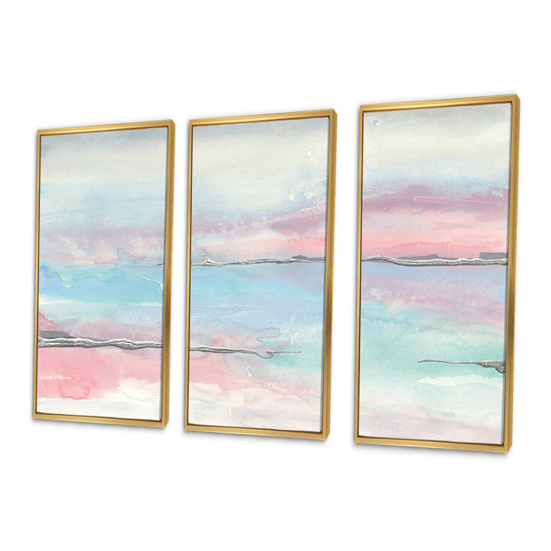 Metallic Shabby Pink II - Shabby Elegance, ensemble de 3 toiles murales encadrées, 28" H x 36" W x 1" D, Cadre doré