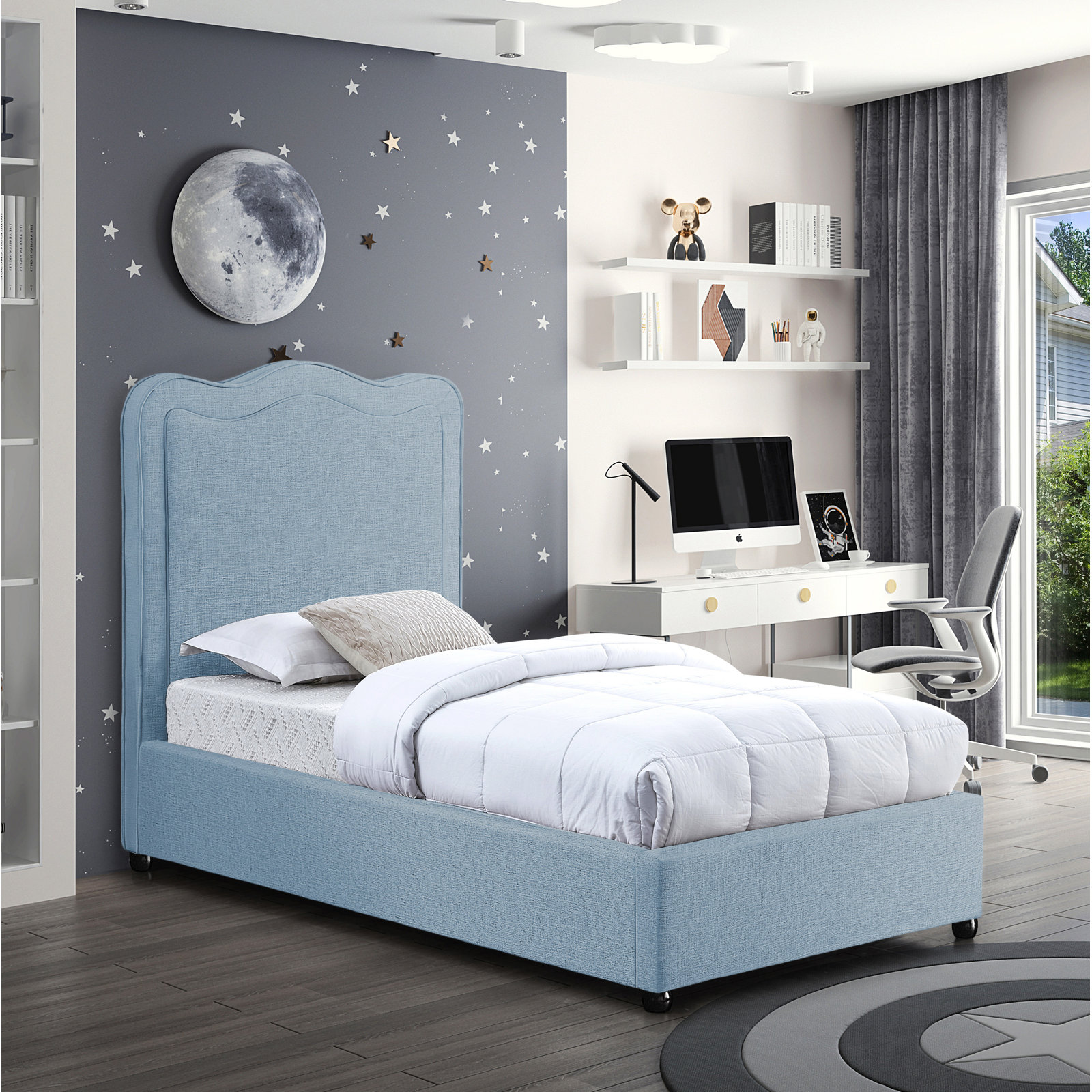 Felix Linen Upholstered Bed, Twin, Light Blue Performance Linen
