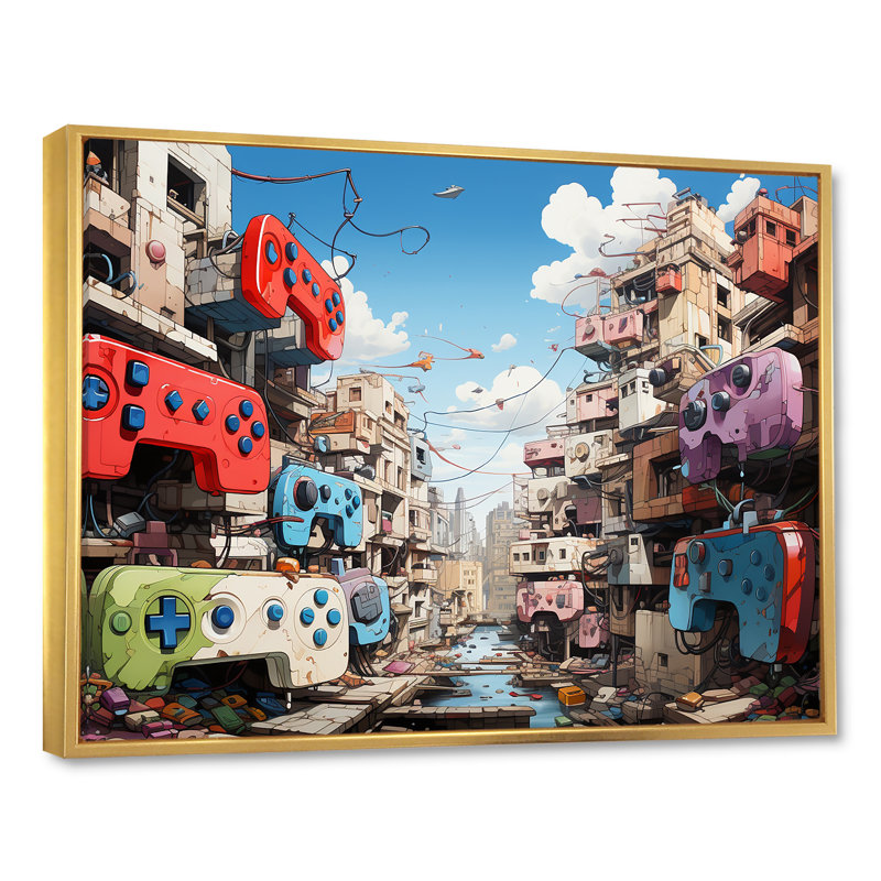 Pop Gaming Controllers Dreamscape - Video Games Wall Art, Gold Floater Framed, 30" H x 40" W x 1.5" D