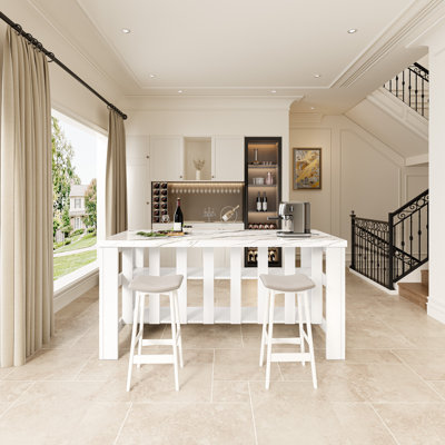Îlot de cuisine DynJest avec prise électrique, comptoir en faux marbre blanc, étagères de rangement ouvertes à 2 niveaux, table de préparation de cuisine autoportante pour salle à manger