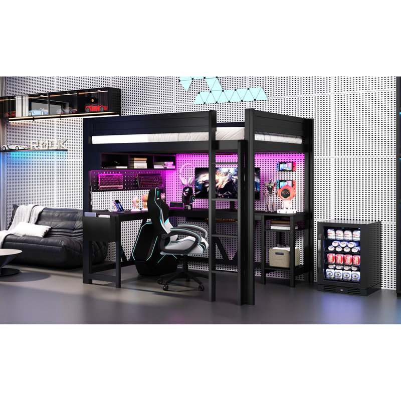 Lit mezzanine double noir pour jouer, avec structure en bois, bureau, rangement, lumières à DEL 7 couleurs et port de charge