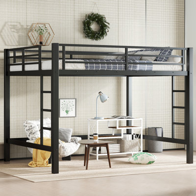 Queen Metal Loft Bed with Ladder & Guardrails, Space-Saving Sturdy Black Loft Bed for Kids