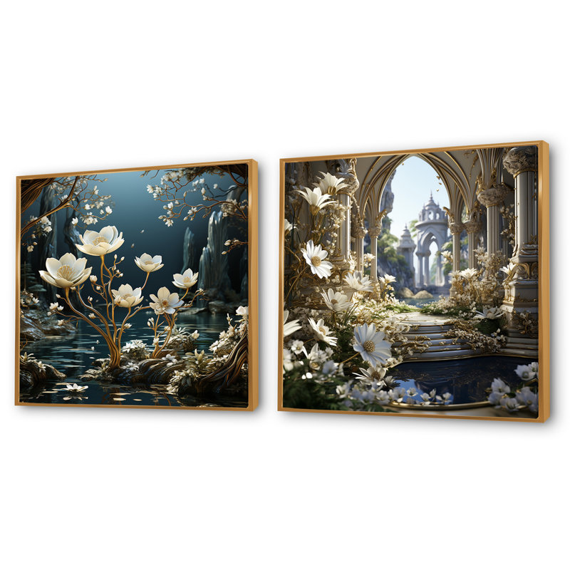Gilded Snowdrops River - ensemble de 2 collages floraux carrés, Encadrement doré, H 36 po x l 73 po