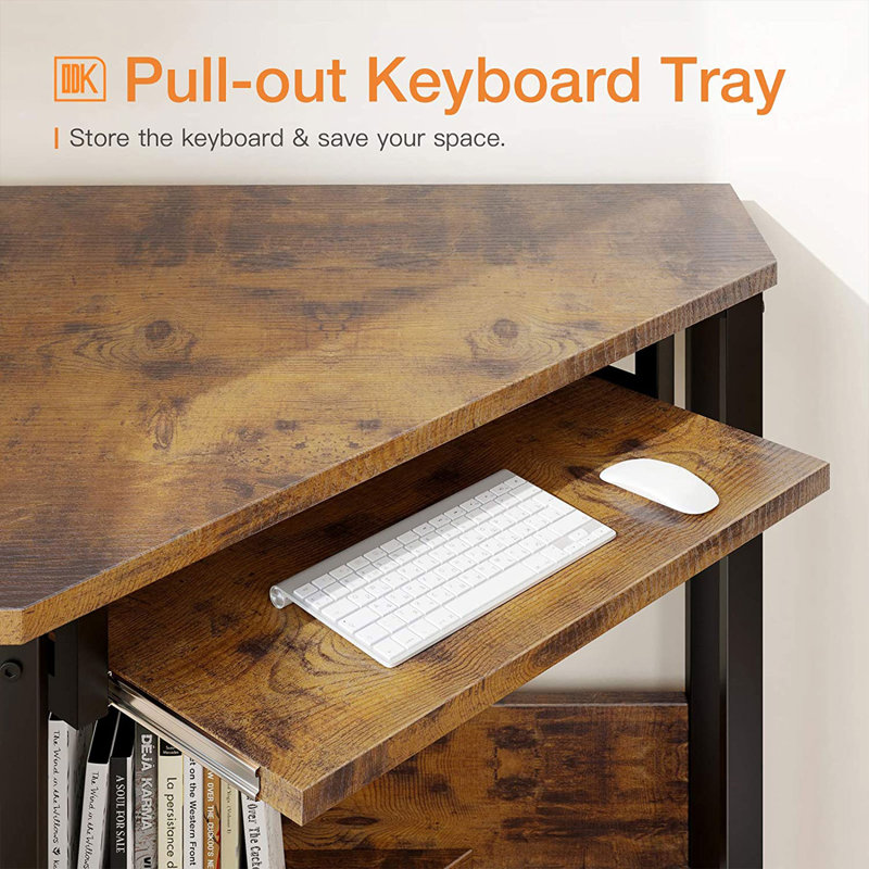 Rustic Brown Wood and Steel Corner Computer Desk with Keyboard Tray