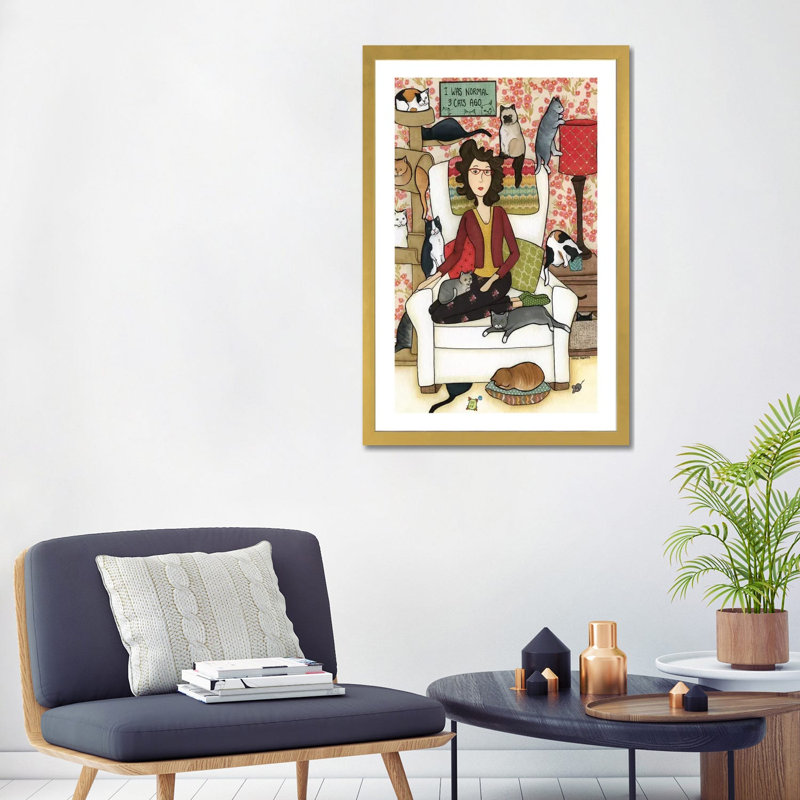 « Three Cats ago » par Jamie Morath-impression, Blanc, H 32 po x l 24 po x P 1 po, Papier encadré doré