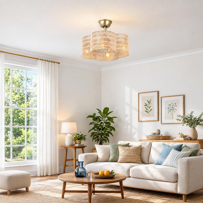 Ventilateur de plafond en rotin 19,7 "avec télécommande et lumière, Beige