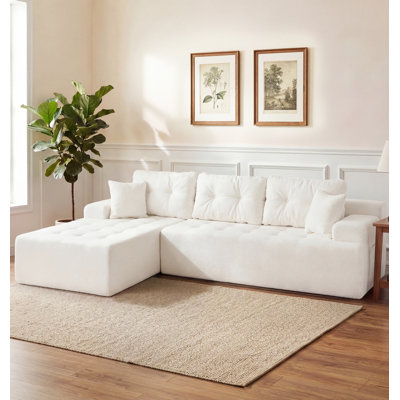 Canapé modulaire compressé en sherpa 108 po, méridienne en L avec capitonnage à boutons, canapé en mousse à mémoire de forme avec poche latérale pour salon et appartement