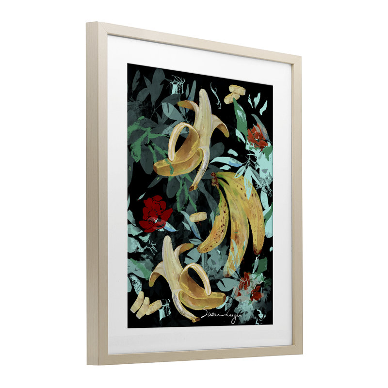 «Banana Medley», impression sous verre encadrée, conception par Susan Lugar, H 16 po x l 13 po, Cadre de récolte en pin