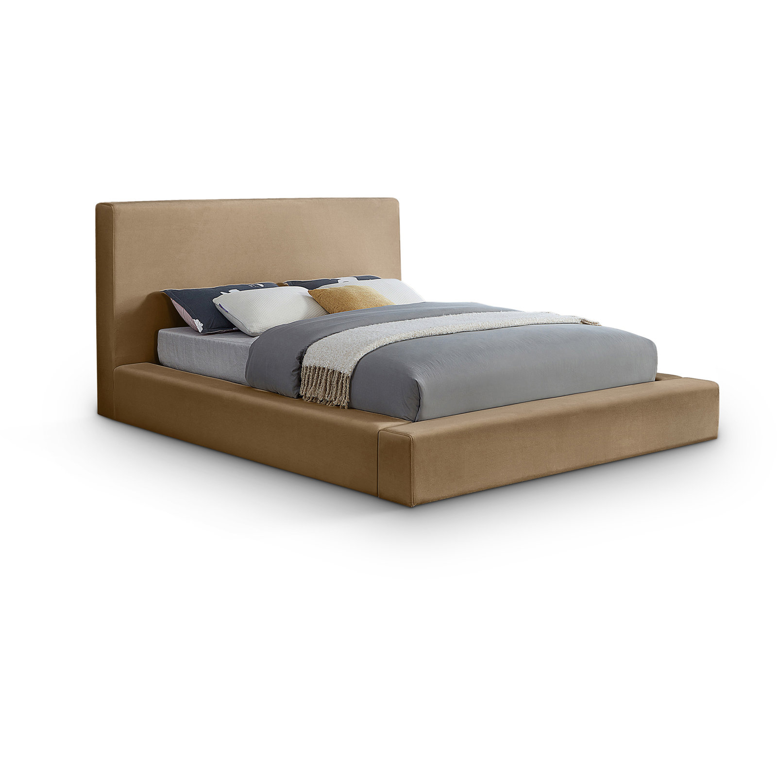 Ishia Upholstered Platform Bed, Full, Beige Velvet