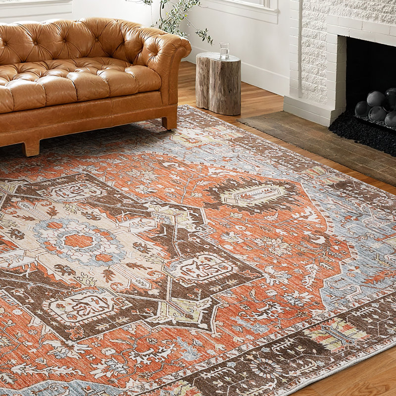 Tapis oriental en polyester tissé à la machine en gris / orange Alania, Rectangle 8 pi x 10 pi