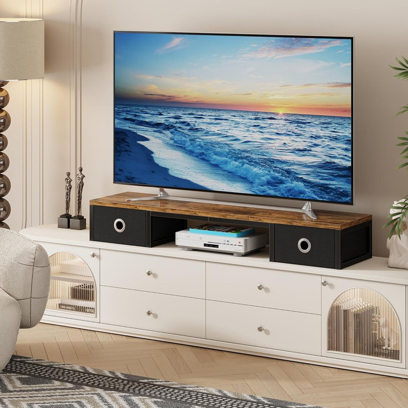 Grand téléviseur de 45 po avec tiroirs en tissu pour téléviseurs de 32 à 60 po, support de table pour téléviseur avec pieds en acier, brun rustique