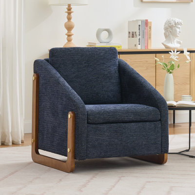 Fauteuil moderne en chenille bleu avec structure en bois et assise rembourrée, cadre latéral bleu, confortable pour le salon de la chambre à coucher