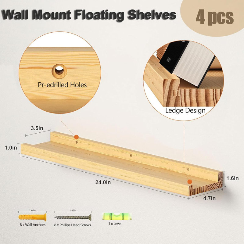 Étagères de salle de bain 24 po, tablettes flottantes pour mur, Bois naturel
