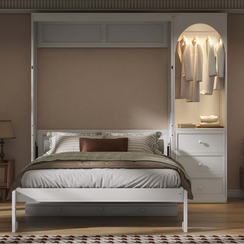 Grand lit escamotable peu encombrant avec rangement intégré et éclairage DEL, Blanc