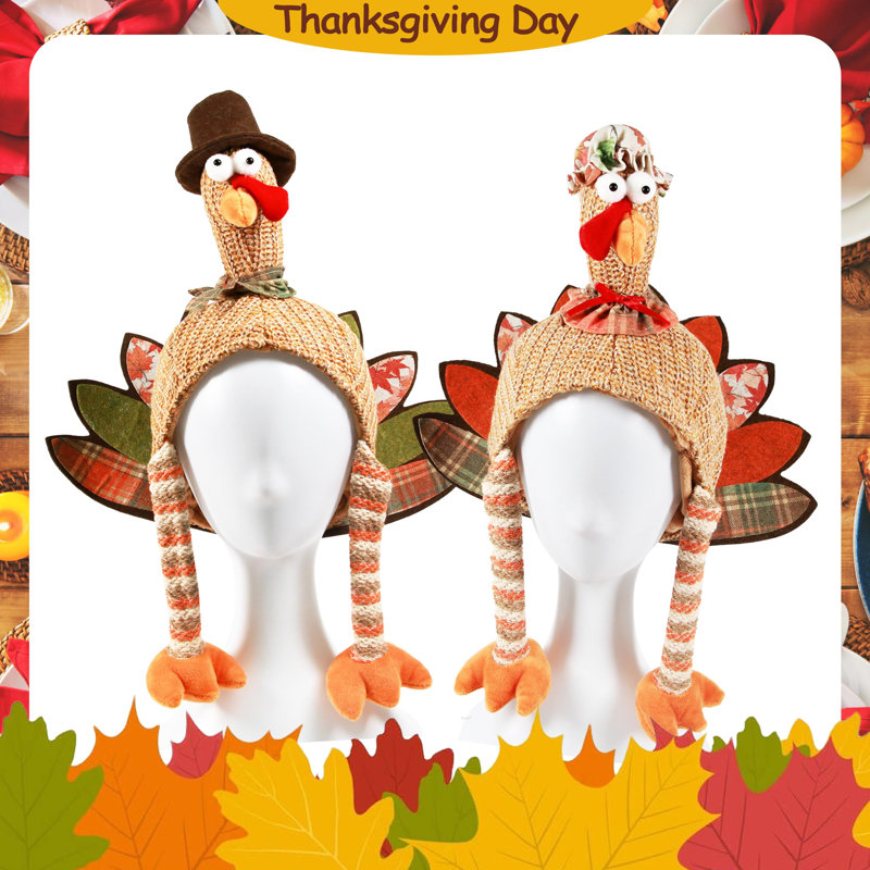 2 Pcs Mr. & Mrs. Plush Turkey Hat Set, Adult Thanksgiving Costume Hats for Turkey Trot Runs