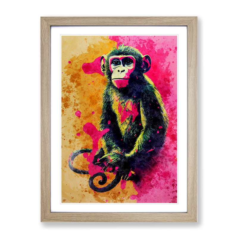 Paint Splash Monkey No.3 - Framed Print, 34cm H x 25cm W x 2cm D, Oak Framed