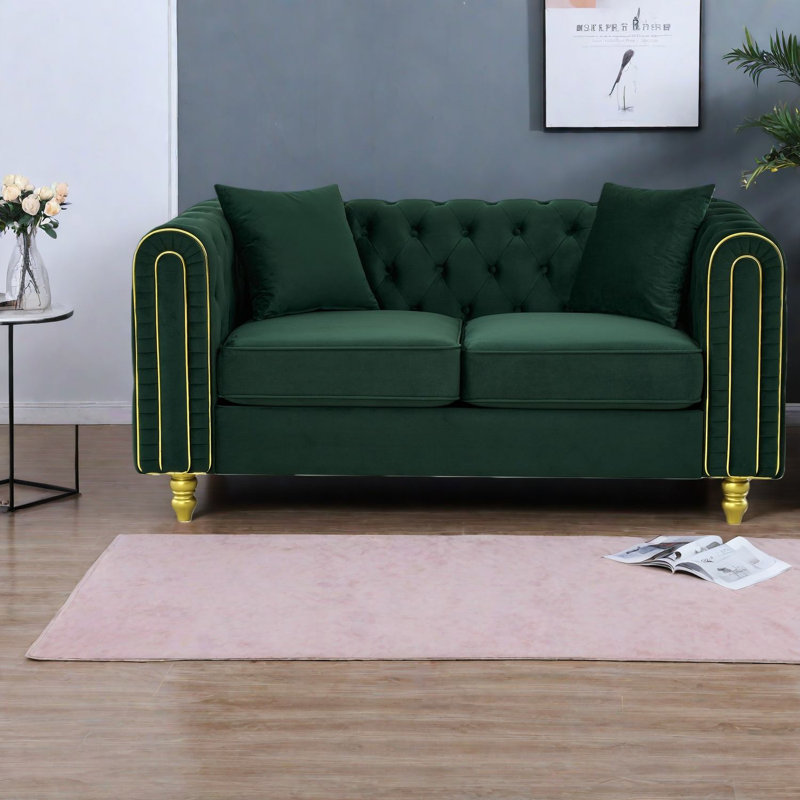 Canapé moderne, causeuse en velours vert de 63 pouces Chesterfield