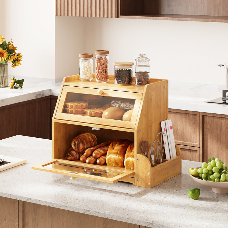 Bamboo Bread Box, 2-Tier Bread Container with Cutting Board and Knife & Fork Holder