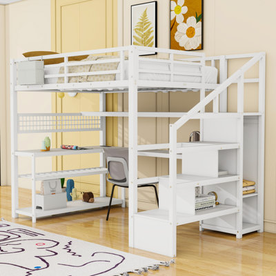 Full Loft Bed With Storage Stair, Wardrobe, L‑Shaped Desk, Shelves, LED Lights And Charging Station