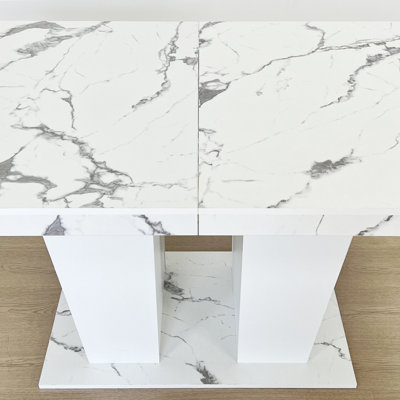 Modern All White Faux Marble Rectangle Dining Table with Dual Column Pedestal Base