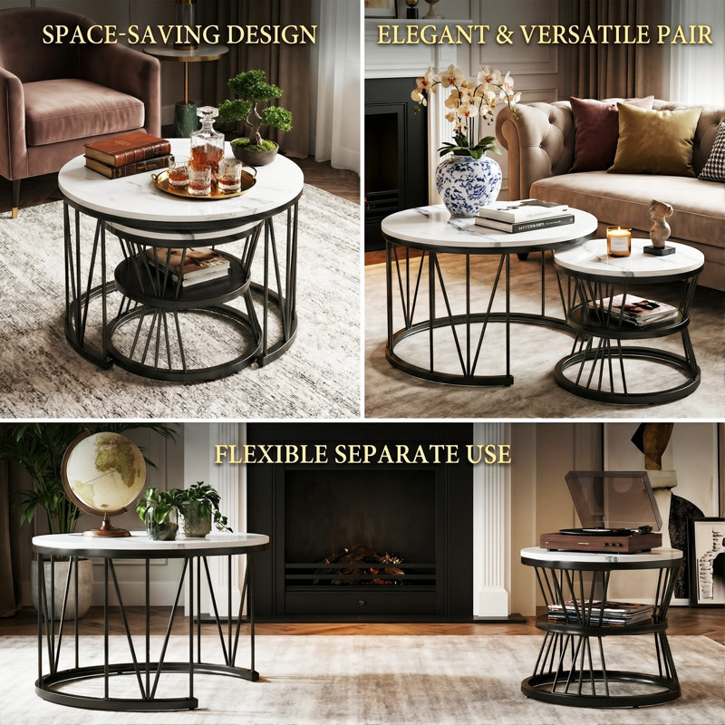 Round Nesting Coffee Tables (70+45Cm), Marble Effect V-Wire Frame With 2-Tier Storage Side Table, Black