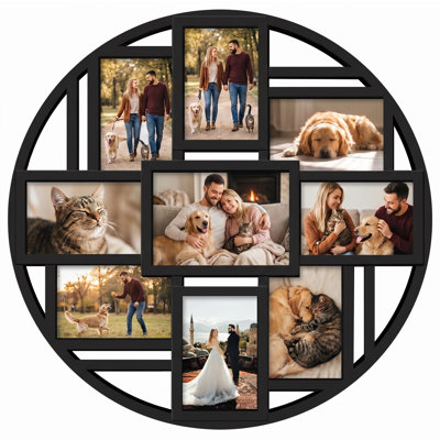 Round Black 9 Opening Collage Photo Frame, Mixed 4x6 & 5x7 Wall Gallery Frame for Family & Pet Photos