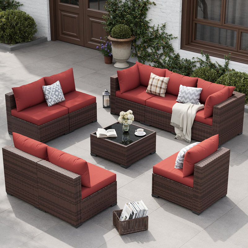 Ensemble de conversation modulaire en rotin 9 pièces avec coussins 9 pièces, Rouge vin
