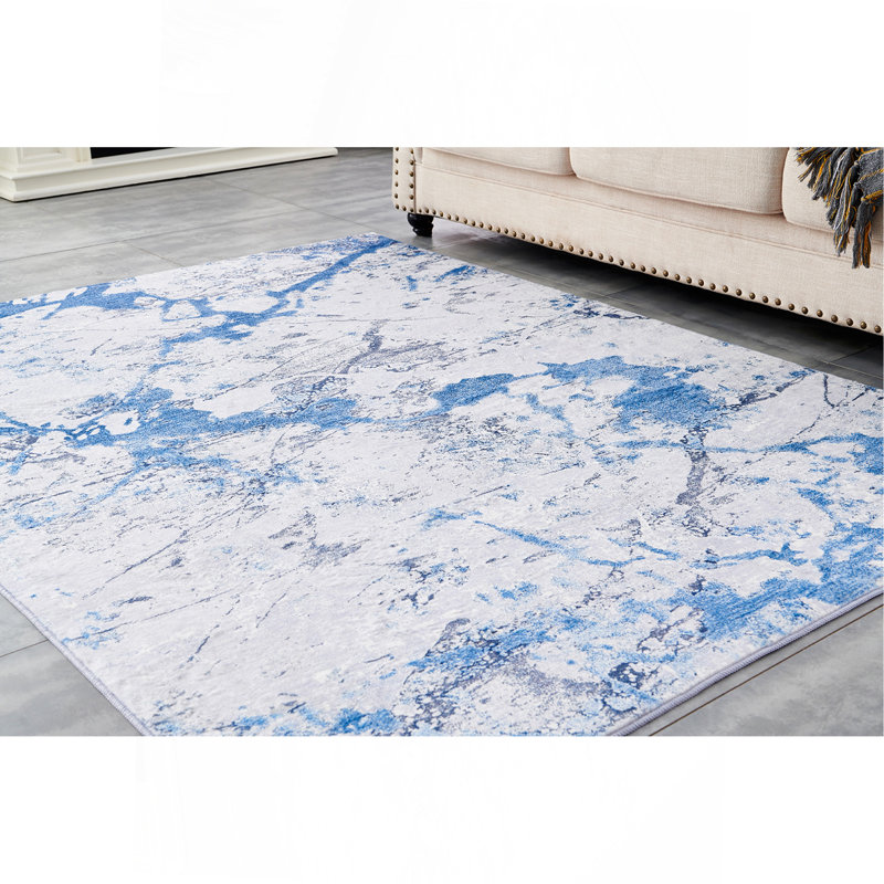 Tapis bleu argenté à motif abstrait et lavable à la machine, Rectangle 7 pi 6 po x 10 pi 6 po