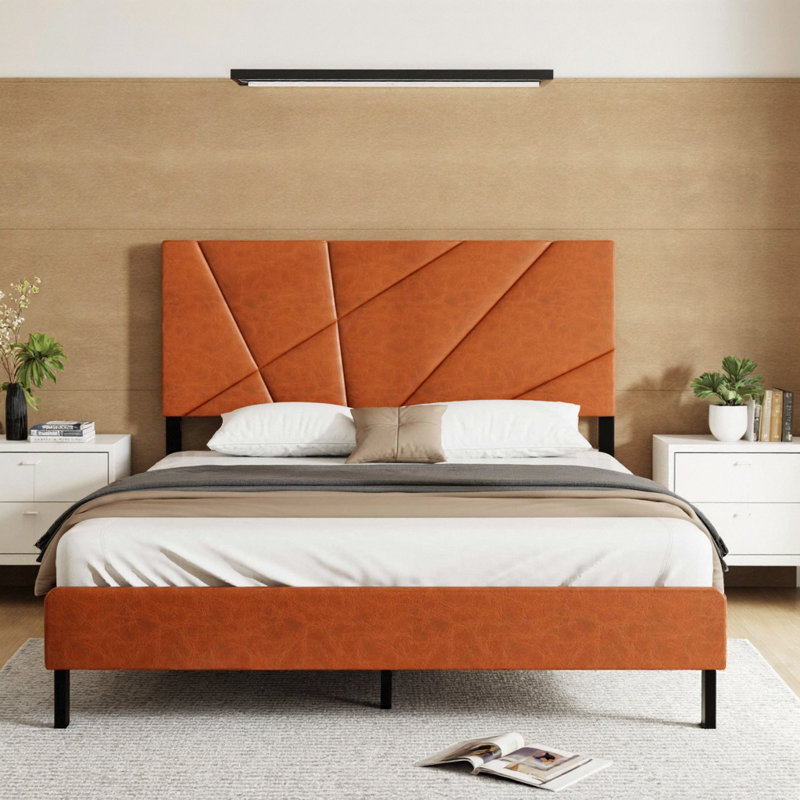 Structure de lit plateforme grand 82 po | Bois brun rétro + métal de style industriel, support de 800 lb, lattes silencieuses, rangement sous le lit de 12 po, sans sommier, assemblage en 45 minutes