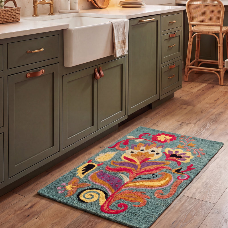 Tapis bleu / multicolore en laine touffeté à la main Jahiem, Rectangle 2 pi 6 po x 4 pi