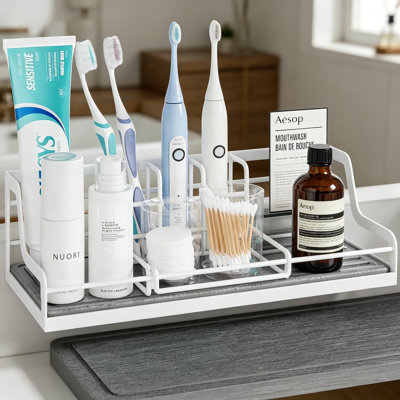 Organisateur de comptoir de salle de bain avec pierre à diatomite à séchage rapide, porte-brosse à dents réglable à 6 fentes pour brosses électriques et standards, dentifrice et articles essentiels pour la salle de bain