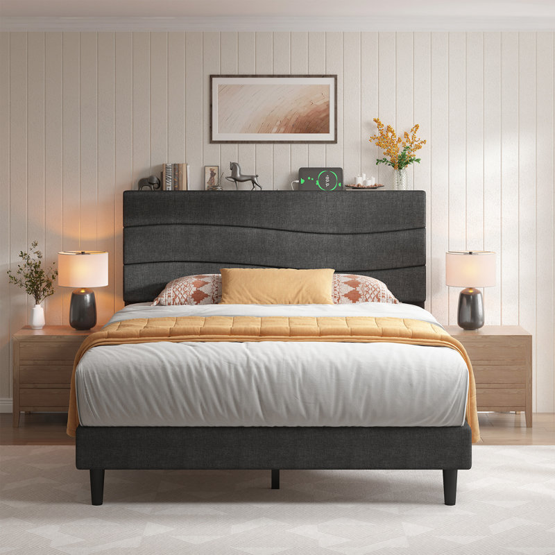 Modern Upholstered Platform Bed Frame with  Padded Adjustable Headboard, Top Storage Shelf and Built‑in Charging Station, No Box Spring Required