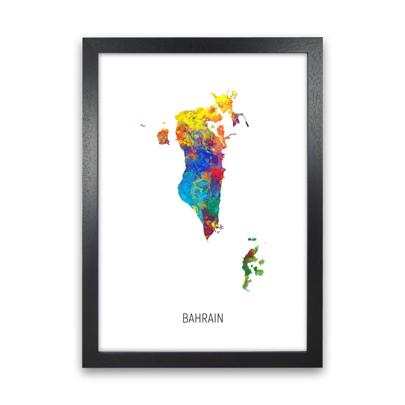 Bahrain Watercolour Map by Michael Tompsett - Print, Black Framed, 46cm H x 34cm W x 3cm D