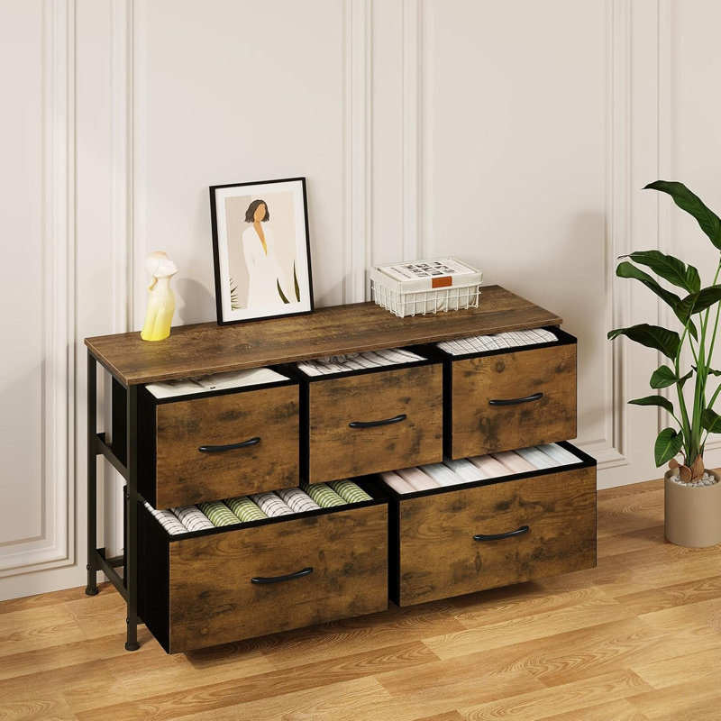 Chest of drawers with 5 drawers made of fabric; Chest of drawers; Sideboard, Vintage Brown