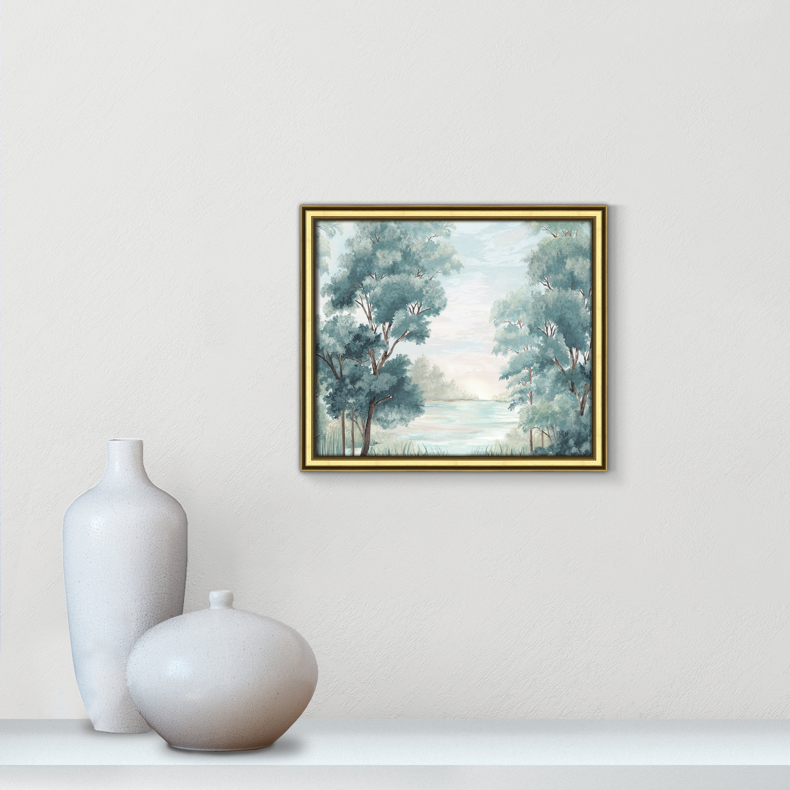 LeeRoy "Calm Forest River" Painting, 14.25" H x 16.25" W x 0.87" D, Gold Framed