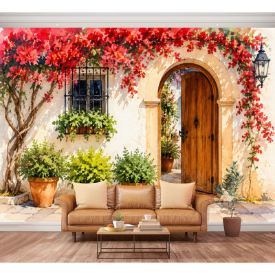 Wall Mural Peel and Stick Mediterranean Courtyard wooden red bougainvillea arched doorway Large Wallpaper Self-Adhesive Removable Contact Paper Wall Decor for Living Room Bedroom Nursery 100"H x 144"W