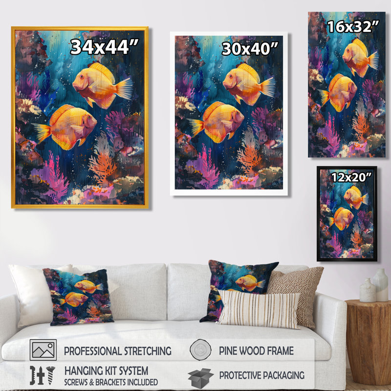 «Blue Orange Coral Marine Life I», impression d'art mural, Toile tendue, H 24 po x l 32 po