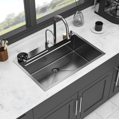 Gunmetal Black Drop-In Waterfall Kitchen Sink 33*22 Inch 16 Gauge Stainless Steel With Pull-Out Faucet, Cup Washer & Cutting Board T304 33X22x10 Function, Drain Assembly Dish Grid