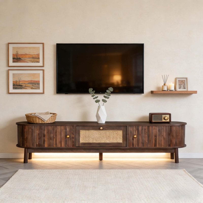 Modern Design TV Stand for 75 Inch TVs, Media Console with Rattan-Front Drawer and Smart Storage