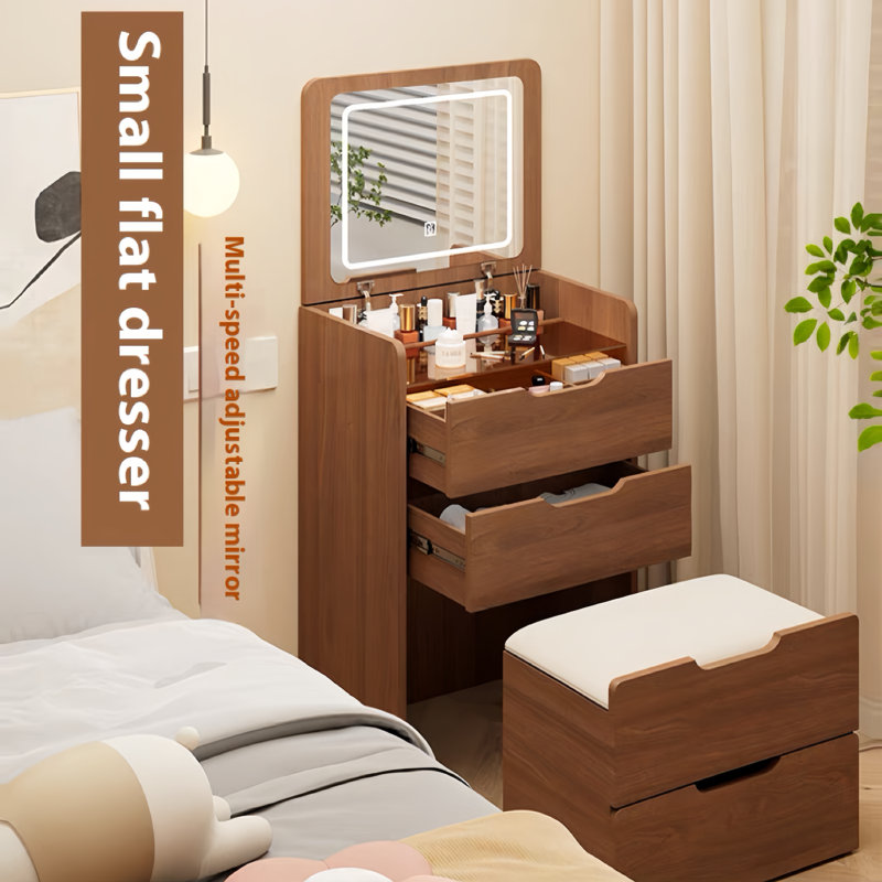 (48 cm) (noyer) Bureau de coiffeuse 3 en 1 avec miroir à plateau rabattable, petit ensemble de coiffeuse avec bureau en verre visible, coiffeuse compacte avec 3 tiroirs, coiffeuse (retour à l'école)