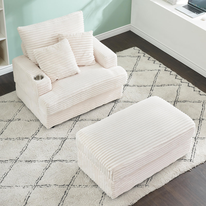 Chaise longue en velours côtelé de 39 po avec porte-gobelet en acier inoxydable et 2 coussins, Blanc