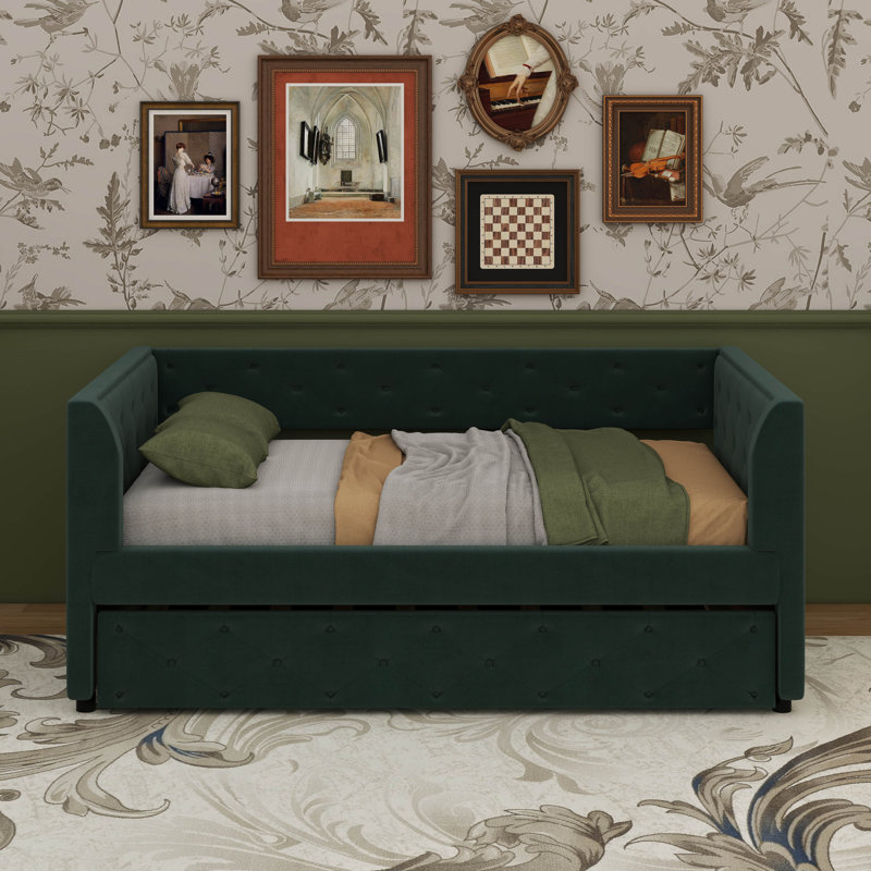 Twin Size Upholstered Velvet Tufted Daybed With Trundle, Green