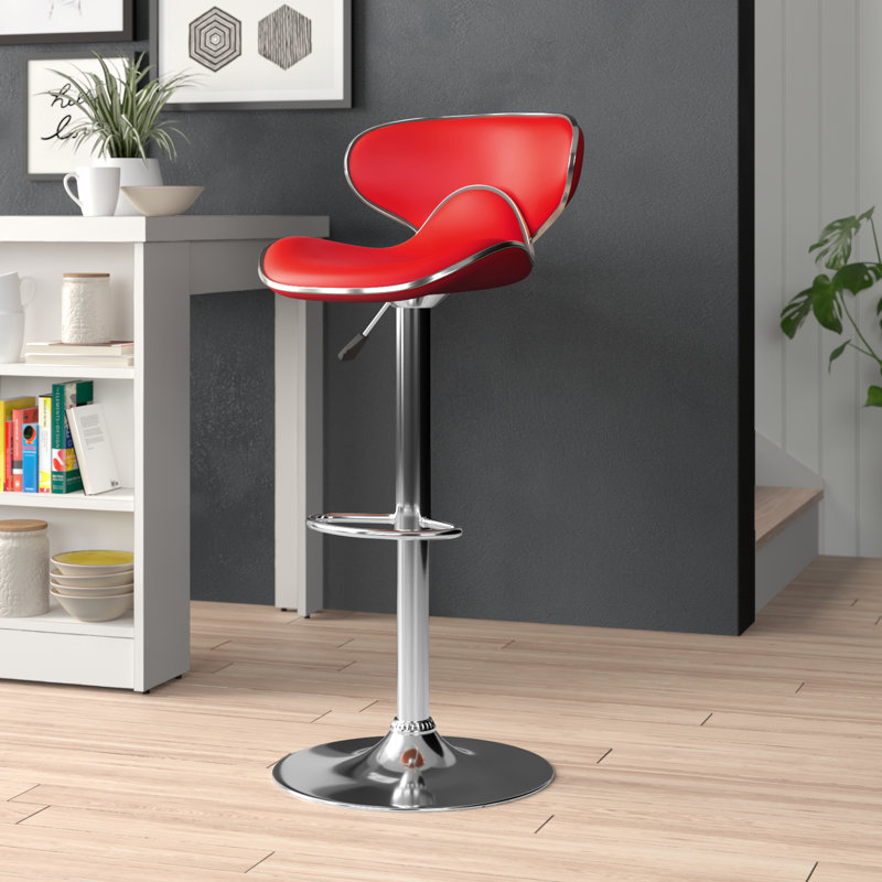 Tabouret de bar contemporain confortable en vinyle à hauteur réglable et dossier mi-haut avec base chromée Claudine, Rouge