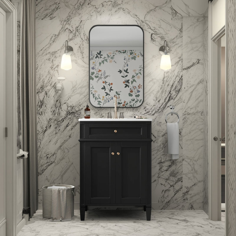 Meuble-lavabo 24 po avec lavabo en céramique, 2 portes à fermeture en douceur, tiroir rabattable, rangement, Noir, Doré