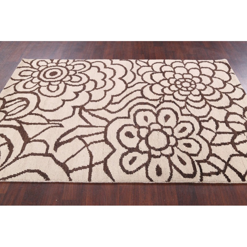 Tapis de zone en laine beige/ivoire 5 pi x 7 pi 10 po one-of-kind à la main noué la Newington