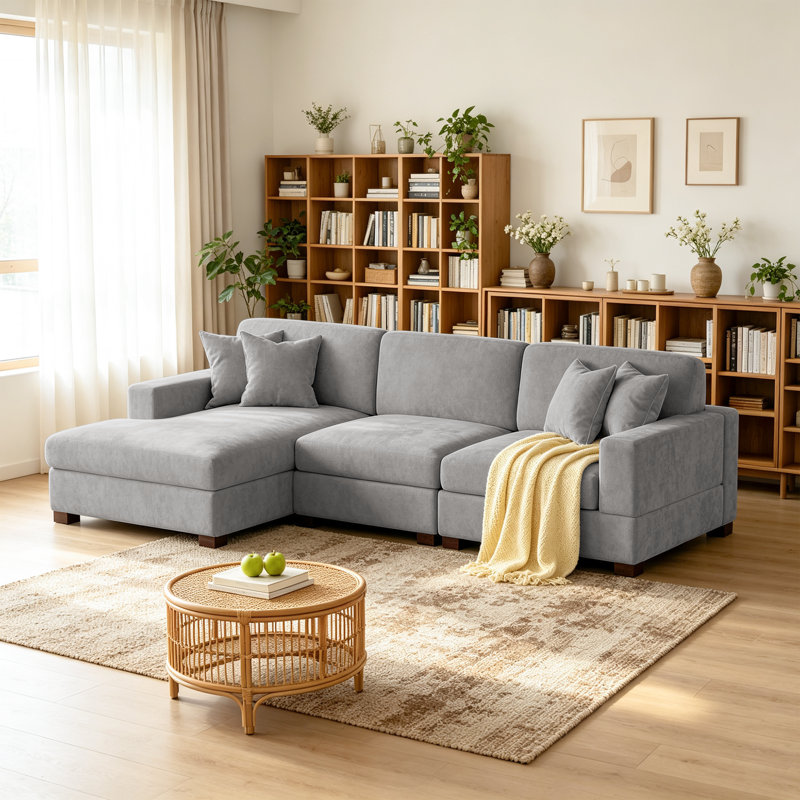 3 - Piece Upholstered Gray Chenille Modular Sectional Sofa with Armrests & Throw Pillows, Gray Chenille, Left Hand Facing